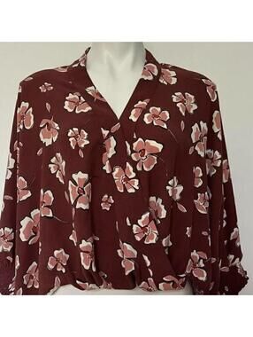 Alfani dark mauve floral blouse with bell sleeves. very light and cool blouse.